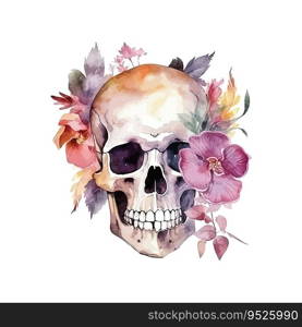 Skull flowers watercolor. Vector illustration desing.