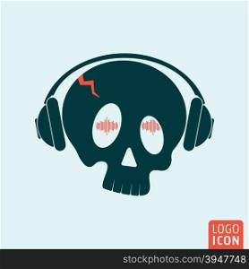 Skull icon. Skull logo. Skull symbol. Crazy skull with headphones icon isolated, minimal design. Vector illustration