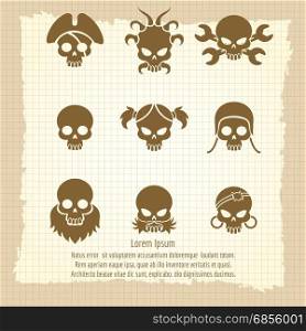 Skull icons on vintage notebook page. Skull icons on vintage notebook page, vector illustration