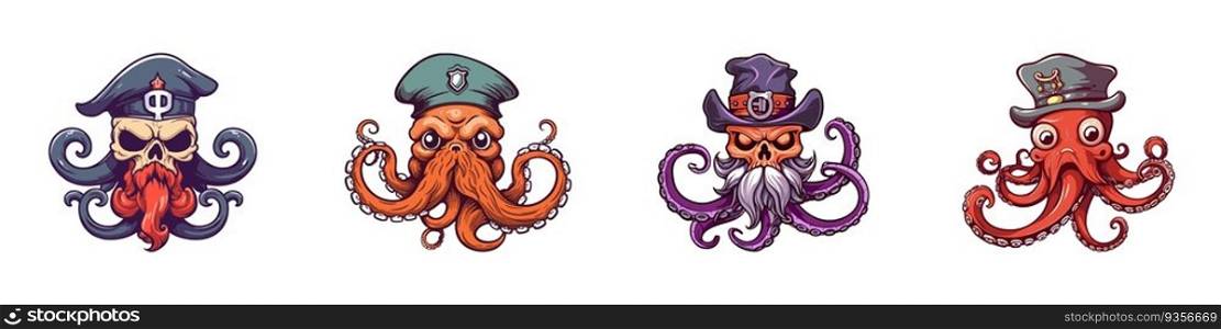 Skull in a pirate hat with tentacles. Cartoon vector illustration.
