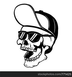 Skull in baseball cap and sun glasses. Design element for poster, t shirt, card, banner, emblem, sign. Vector illustration