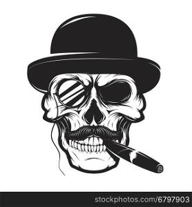 Skull in hat with cigar and monocle. Design element for logo, label, emblem, sign, brand mark, t-shirt print. Vector illustration.