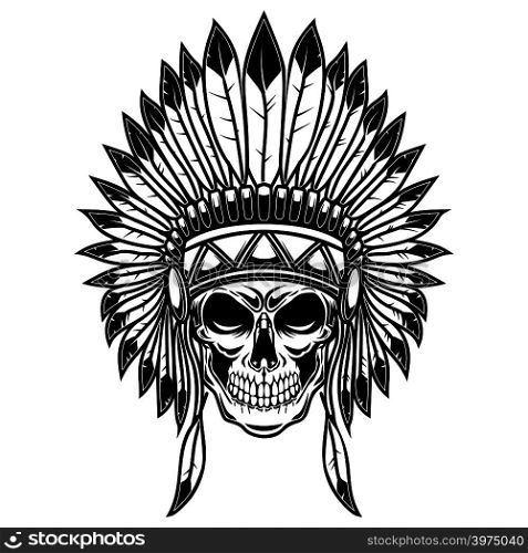 Skull in native american indians headdress. Design element for poster, card, banner, sign, t shirt. Vector illustration