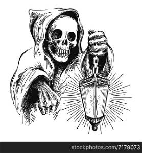 Skull in the hood with lantern in a hand. Vector vintage illustration