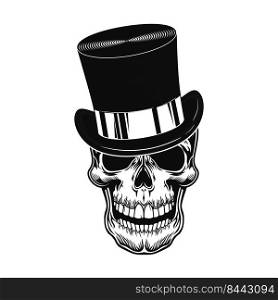 Skull in top hat vector illustration. Head of scary character in gentleman cylinder hat. Headwear concept for retro fashion or style topics, bar or club emblems template