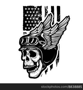 Skull in winged motorcycle helmet on american flag background. Design element for logo, emblem, sign, poster, t shirt. Vector illustration