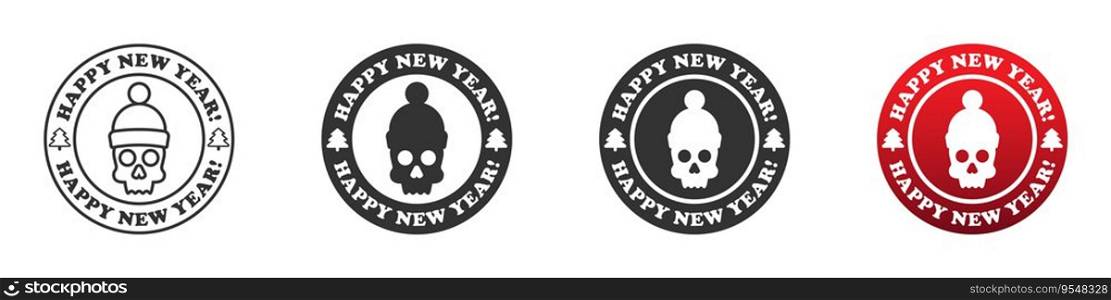 Skull in winter hat on a round badge with lettering: Happy new Year! Christmas skull icon. Vector illustration.