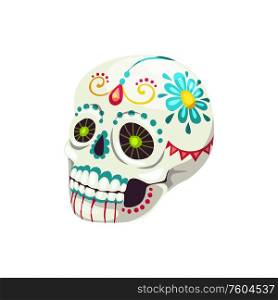 Skull mexican Day of Dead sign isolated Catrina Calavera. Vector Cinco de Mayo, Dia de los Muertos treat. Dia los muertos holiday treat isolated sugar skull
