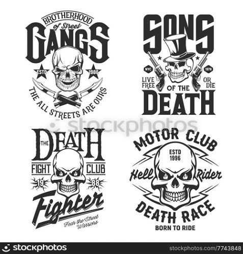 Skull, motorcycle biker custom races shirt prints, vector street fighters club emblems. Skull with fire flames, guns and knives signs for hell moto riders and motorcycle racers gang or bikers club. Skull, motorcycle biker custom races shirt prints