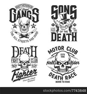 Skull, motorcycle biker custom races shirt prints, vector street fighters club emblems. Skull with fire flames, guns and knives signs for hell moto riders and motorcycle racers gang or bikers club. Skull, motorcycle biker custom races shirt prints