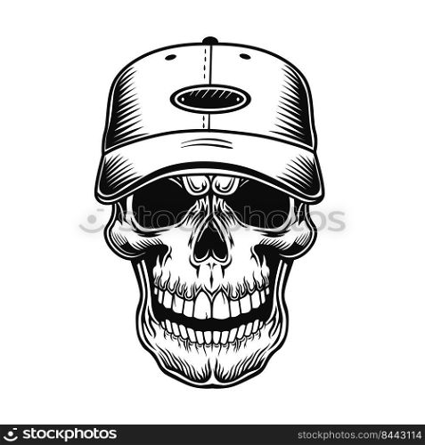 Skull of baseball player vector illustration. Head of character in cap. Headwear concept for sport topic or tattoo template