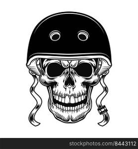 Skull of biker vector illustration. Head of character in helmet for riding motorcycle. Lifestyle concept for racing or bikers club badge, tattoo template