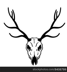 Skull of deer. Hunting trophy with horns. Antler of stag or reindeer. Scary black and white drawing for Halloween. Cartoon illustration isolated on white. Skull of deer. Hunting trophy with horns.