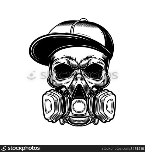 Skull of graffiti artist vector illustration. Head of skeleton in gangster cap and respirator. Street art concept for emblems or tattoo templates