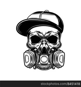 Skull of graffiti artist vector illustration. Head of skeleton in gangster cap and respirator. Street art concept for emblems or tattoo templates