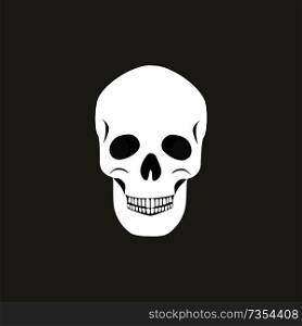 Skull of human organism with teeth, holes eyes and nose, bones types, skeletal system body, head vector illustration isolated on black background. Skull of Human Organism Black Vector Illustration