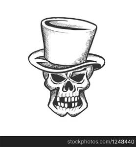 Skull of human skeleton sketch with Halloween monster. Evil dead head wearing vintage top hat with danger face isolated icon for tattoo or horror party decoration design. Skull skeleton in hat sketch of Halloween monster