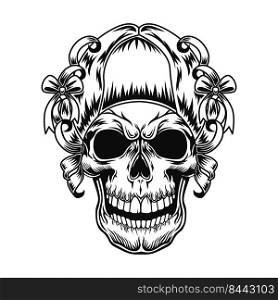 Skull of lady vector illustration. Head female character with retro hairstyle with ribbons and bows. Scary character concept for retro fashion or horror topics, club emblems, tattoo templates template
