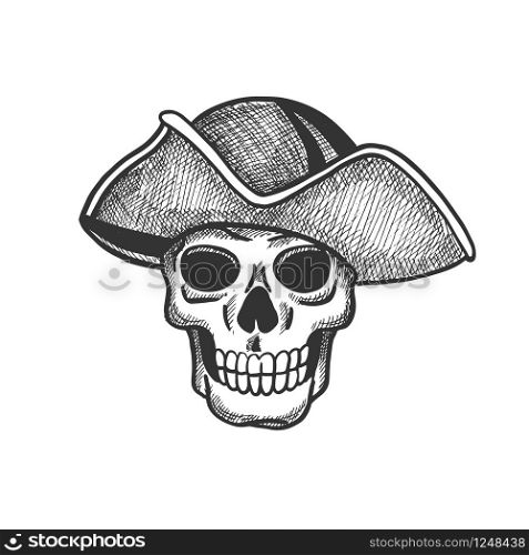 Skull of pirate isolated sketch for tattoo or Halloween themes design. Scary skeleton with vintage hat of sea captain for piracy flag and jolly roger symbol design. Skull of pirate in sea captain hat sketch design