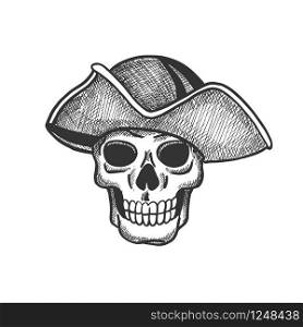 Skull of pirate isolated sketch for tattoo or Halloween themes design. Scary skeleton with vintage hat of sea captain for piracy flag and jolly roger symbol design. Skull of pirate in sea captain hat sketch design