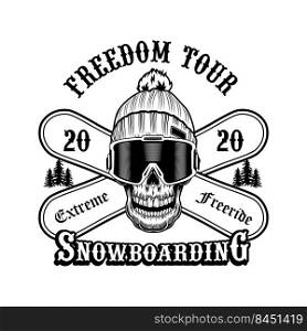 Skull of snowboarder in hat vector illustration. Head of skeleton, extreme freeride text on crossed boards. Winter activity and sport concept for ski resort or club and communities emblems templates