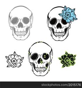 Skull outline with floral design. Boho tattoo skull head illustration with flower design elements. Skull outline with floral design. Boho tattoo skull head illustration with flower design elements.