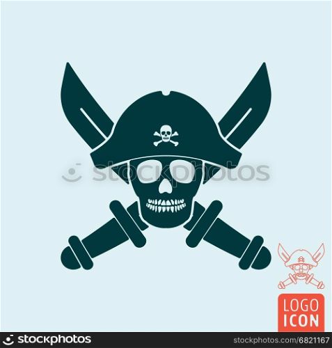 Skull pirate icon isolated. Pirate skull icon. Dead pirate with hat and crossed sabers. Vector illustration.