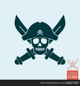 Skull pirate icon isolated. Pirate skull icon. Dead pirate with hat and crossed sabers. Vector illustration.