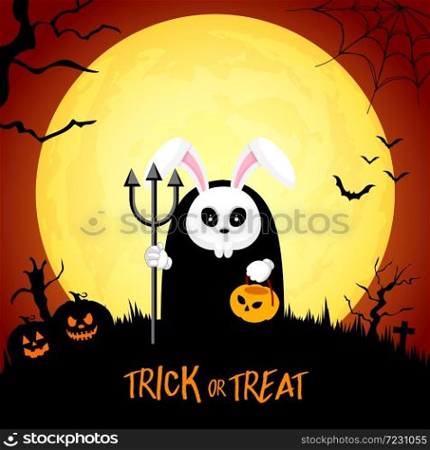 Skull rabbit cartoon in moon night background. Halloween concept design. Illustration for banner, poster, greeting card.