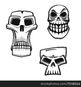 Skull sketch icons set. Halloween scary skeleton face sign for cartoon, label, tattoo, t-shirt, print, poster, decoration. Halloween artistic skull icons set