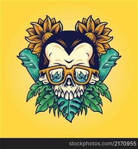 Skull Summer Beach FLowers Mascot illustrations for your work Logo, mascot merchandise t-shirt, stickers and Label designs, poster, greeting cards advertising business company or brands