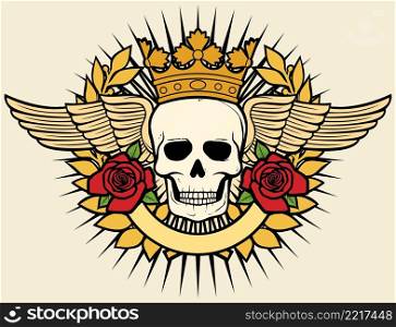 Skull symbol tattoo design  crown, laurel wreath, wings, roses and banner 