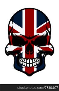 Skull tattoo with colorful pattern of Union Jack national flag of United Kingdom. Skull tattoo with United Kingdom flag pattern