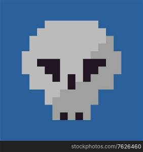 Skull vector, isolated head of dead person icon in flat style, grey bones pixel art graphics of games, pixelated spooky item symbol of danger and horror cartoon. Skull Pixel Art Icon, Skeleton Sign Bone Vector