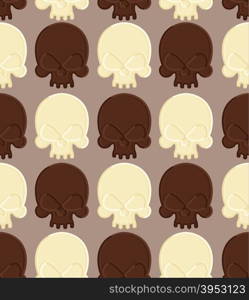 Skull white and dark chocolate seamless pattern. Head skeleton made of chocolate. Sweet candy in shape of a skull. Vector background for Halloween