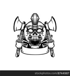 Skull With Axe and Banner Monochrome vector illustrations for your work logo, merchandise t-shirt, stickers and label designs, poster, greeting cards advertising business company or brands