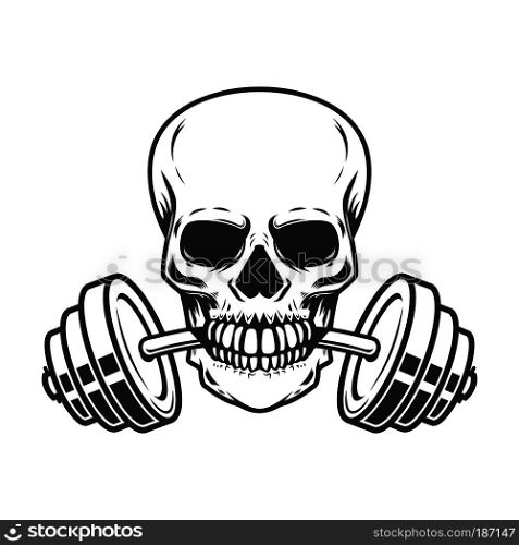 Skull with barbell in teeth. Design element for gym logo, label, emblem, sign, poster, t shirt. Vector image