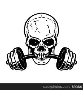 Skull with barbell in teeth. Design element for gym logo, label, emblem, sign, poster, t shirt. Vector image