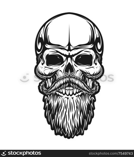 Skull with beard and mustaches, vector icon for hipster barber shop, tattoo and t-shirt print. Man skull with mustaches and beard, vintage retro monochrome outline sign for biker club. Hipster skull beard and mustaches, barber icon