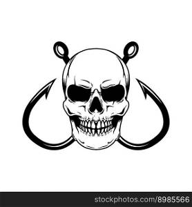 Skull with crossed fishing hooks. Design element for logo, label, sign, emblem. Vector illustration