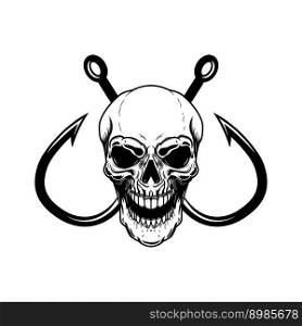 Skull with crossed fishing hooks. Design element for logo, label, sign, emblem. Vector illustration