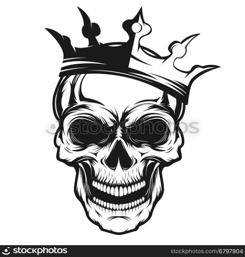 Skull with crown. Design element for emblem, badge, sign, t-shirt print. Vector illustration.