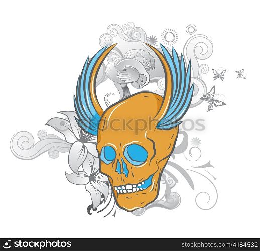 skull with floral and butterflies vector illustration