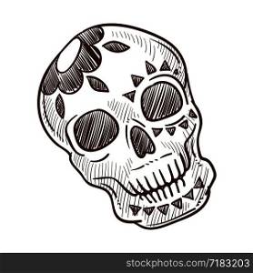 Skull with flower monochrome sketch outline in Mexican style vector. Isolated icon of skeleton decorated with floral elements, muertos culture of Mexico. Calavera spooky bone human head, gothic object. Skull with flower, monochrome sketch outline in Mexican style