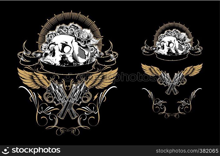 Skull with guns and roses. Design element