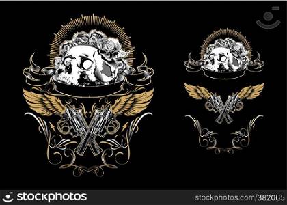 Skull with guns and roses. Design element