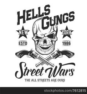 Skull with guns t-shirt print mockup. Vector mascot death a laughing head with crossed guns. Vector t-shirt print with monochrome skull emblem. Gangster head with weapon, street wars. Skull with guns t-shirt print vector mockup