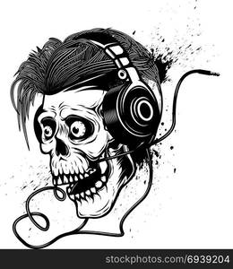 Skull with headphones on grunge background. Design element for poster, emblem, t shirt. Vector illustration