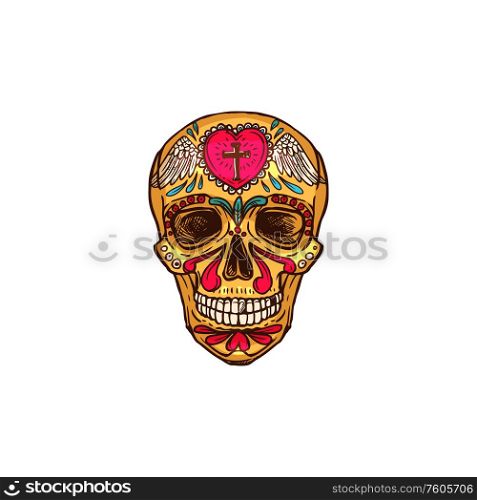 Skull with heart and cross decorated by wings isolated vector sketch, Cinco de Mayo. Skull with heart and wings, mexican calavera