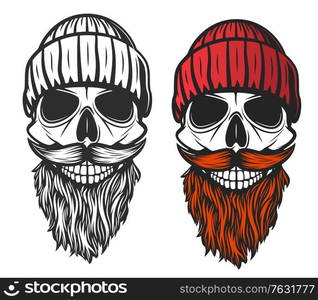 Skull with red beard, mustache and knitted hat. Vector skeleton head of dead lumberjack or forester, hipster man, sea ship captain or sailor, barbershop symbol, tattoo or t-shirt print design. Skull with red beard, mustache and knitted hat